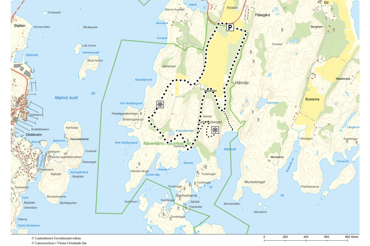Vandringsförslag i naturreservatet Näverkärr. Karta.