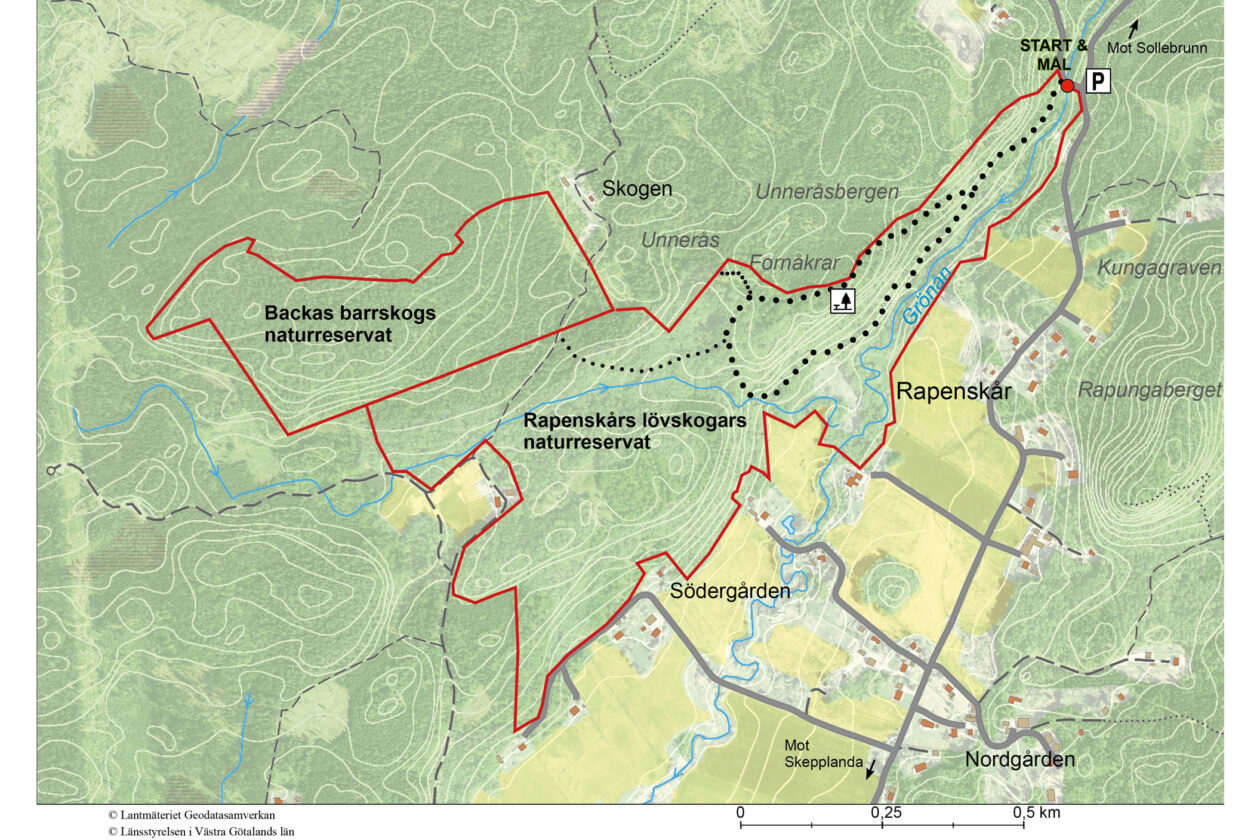 Vandringsförslag i naturreservatet Rapenskårs lövskogar. Karta.