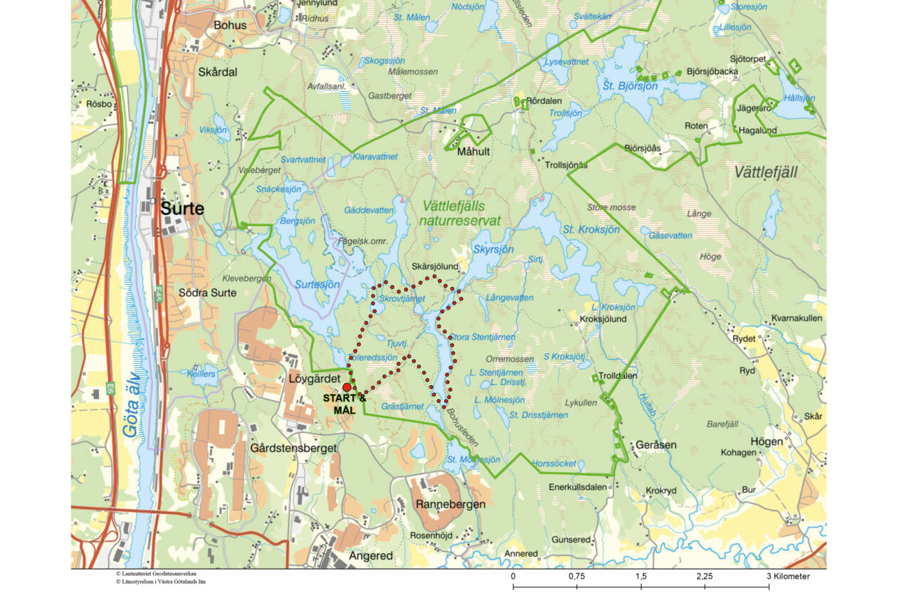 Vandringsförslag, röd stig, i Vättlefjäll. Karta.